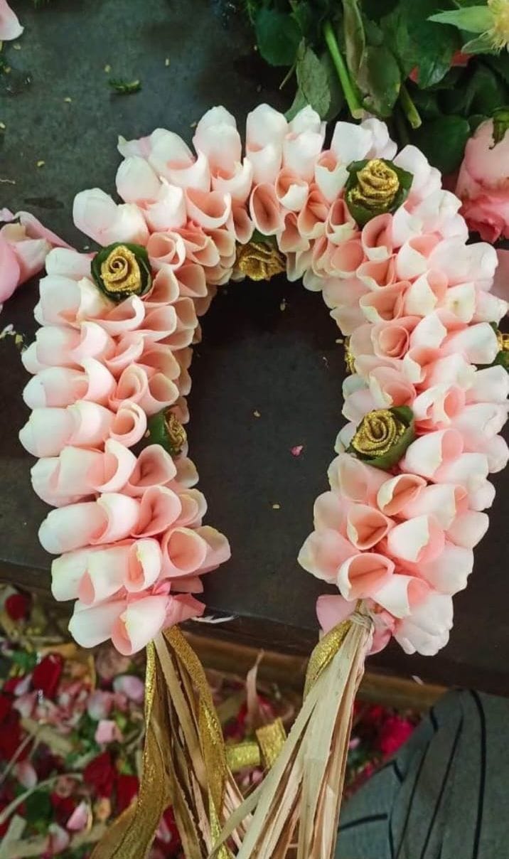 Blush Pink Rose Petal Gajra with Gold Accents