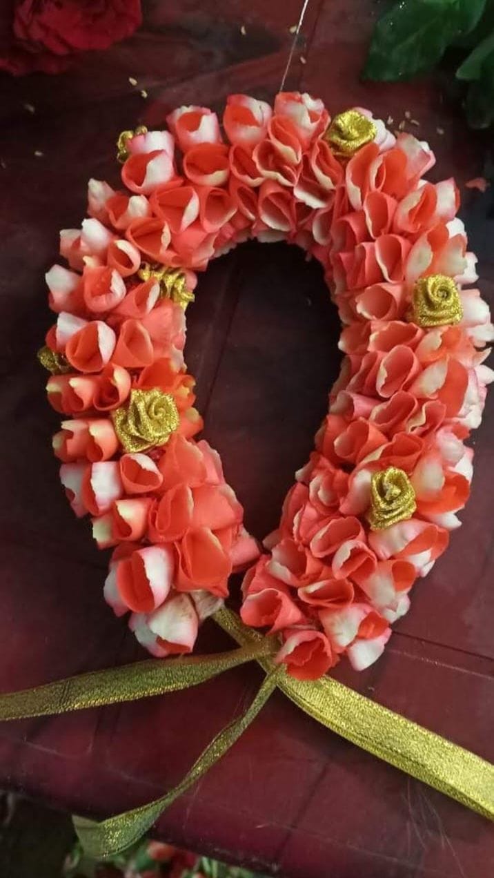 Coral and White Rose Petal Gajra with Gold Accents