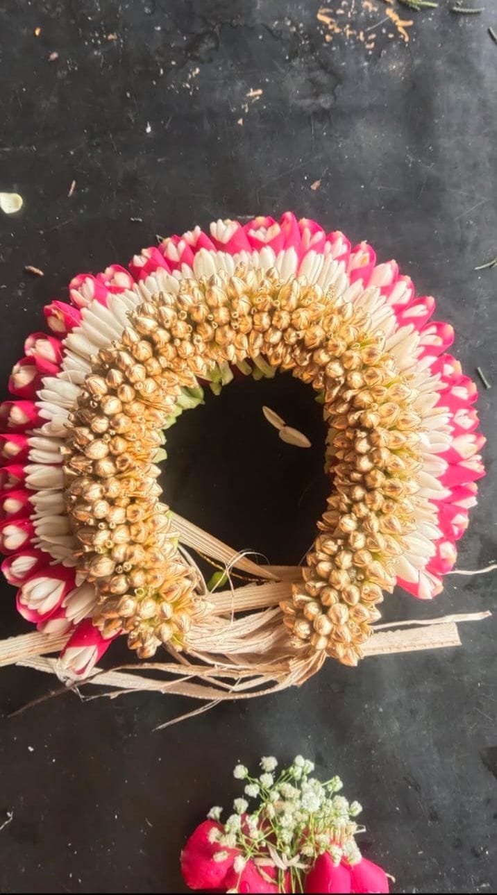 Tricolor Gajra with Golden Buds, Jasmine, and Rose Petals