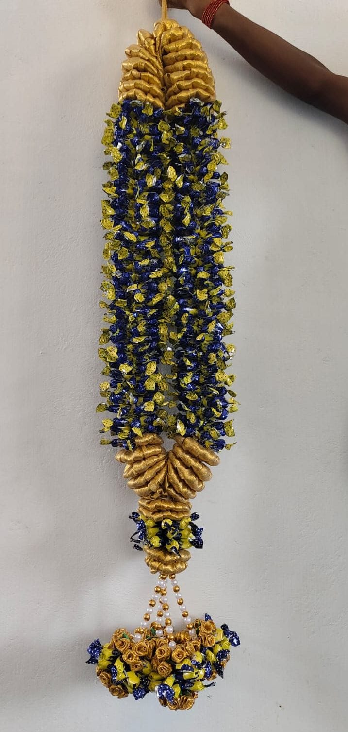 Blue & Yellow Candy Garland with Gold Ribbon and Ornate Tassel