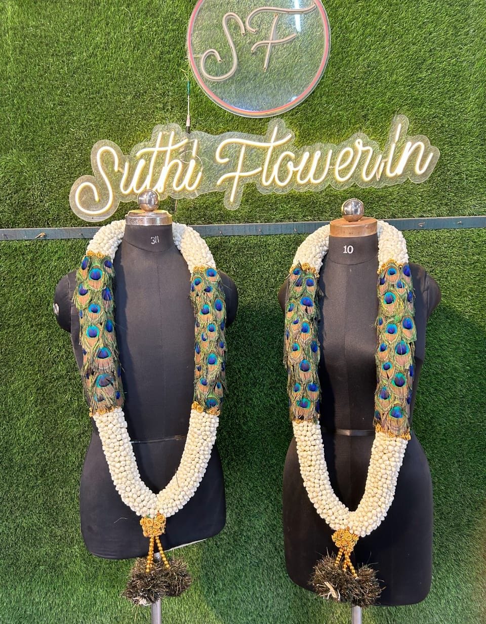 Regal Peacock Feather and Jasmine Wedding Garlands (Varmala Set)