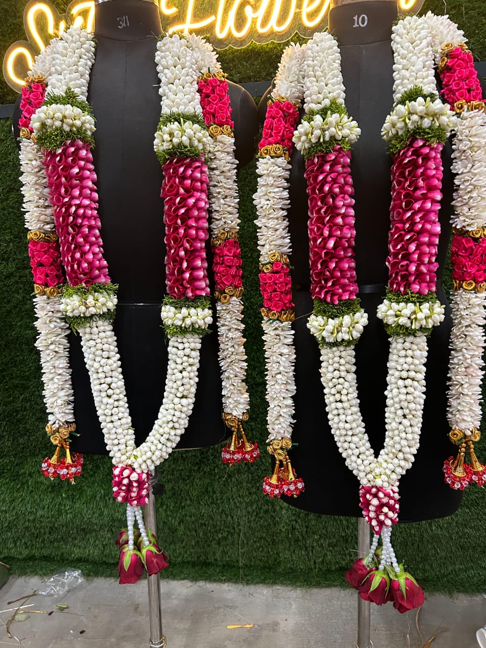 Grand Dual-Strand Jasmine & Rose Petal Wedding Garlands (Maalai Set)